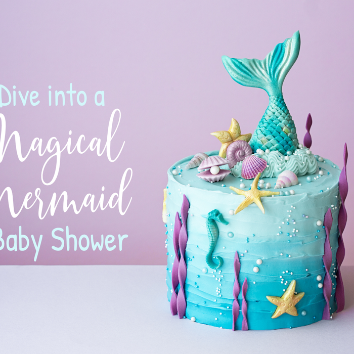 Aqua colored Mermaid Themed Cake against a purple backgroundfeaturing oceanic decor and mermaid tails