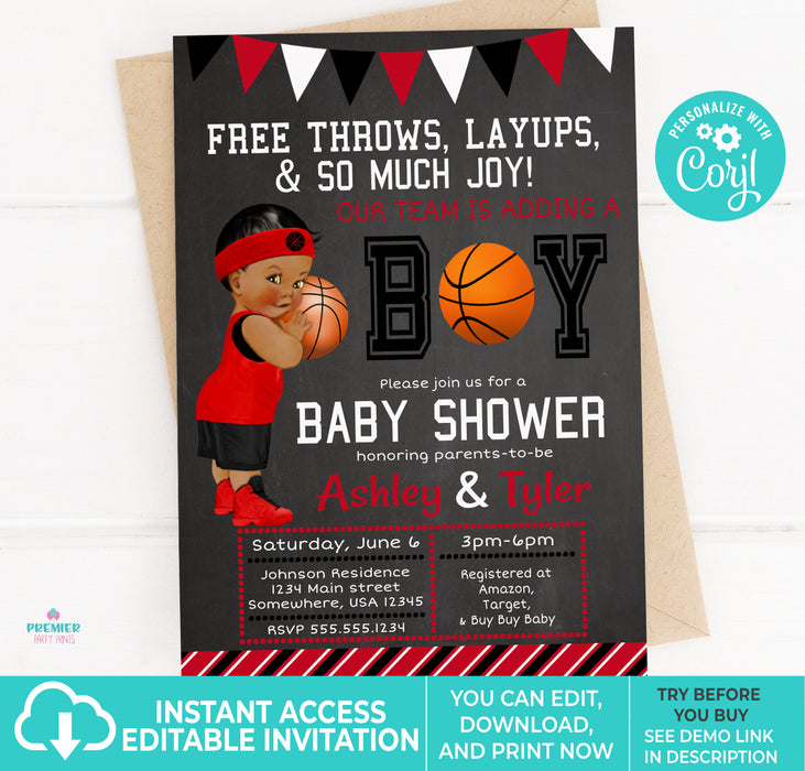 DIY Printable Red, Black, & White Basketball Baby Shower Invitation