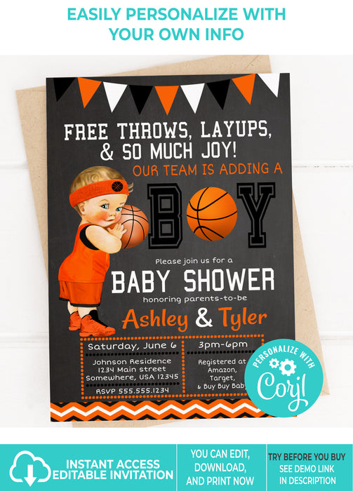 DIY Printable Orange, Black, & White Basketball Baby Shower Invitation