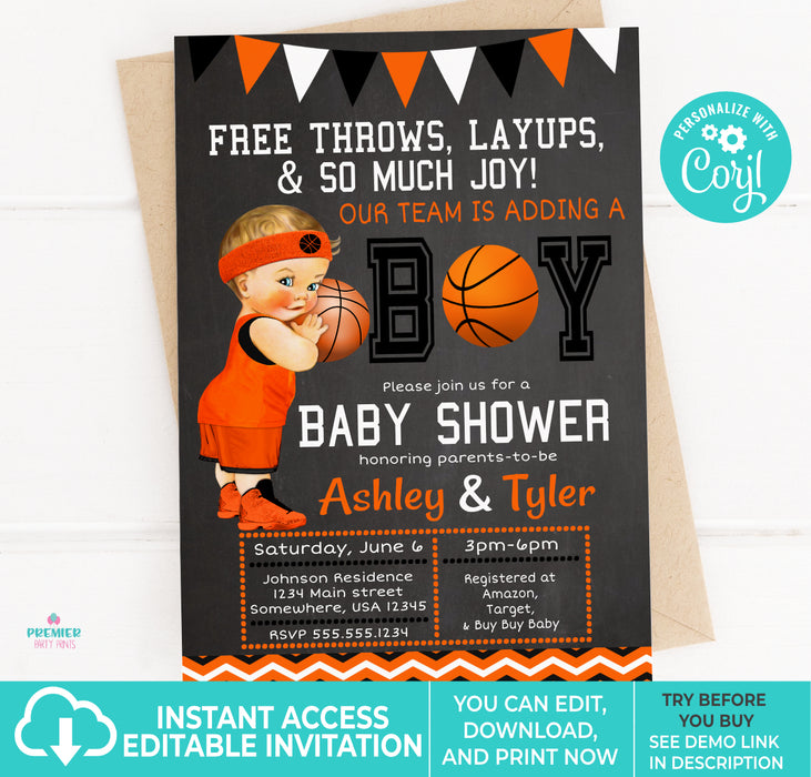 DIY Printable Orange, Black, & White Basketball Baby Shower Invitation