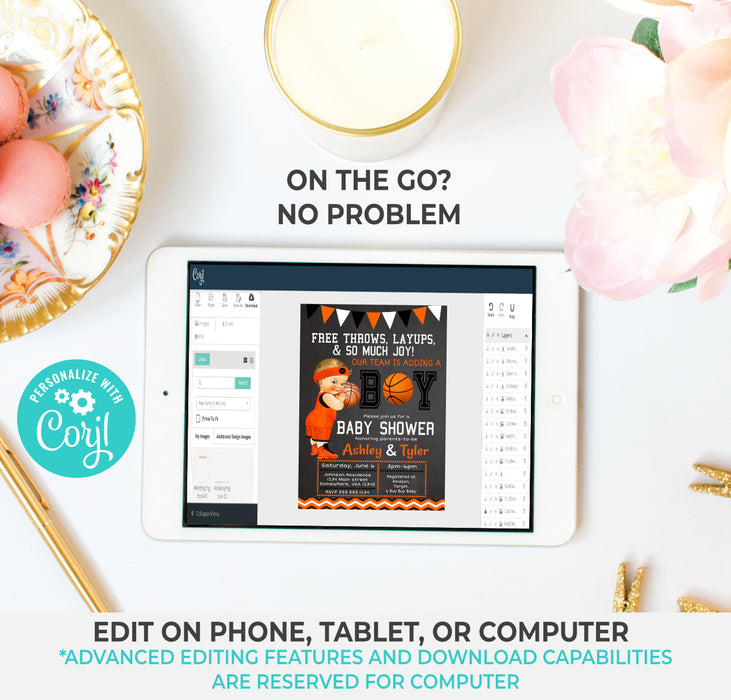 DIY Printable Orange, Black, & White Basketball Baby Shower Invitation on Tablet Screen