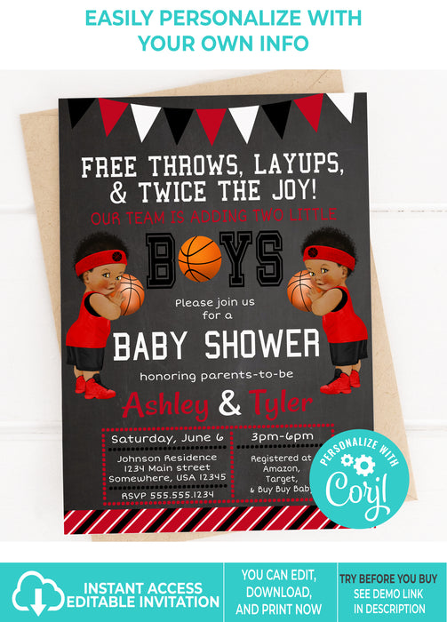 Editable Instant Access/Download Red, Black, & White Basketball Twin Baby Shower Invitation-BS183