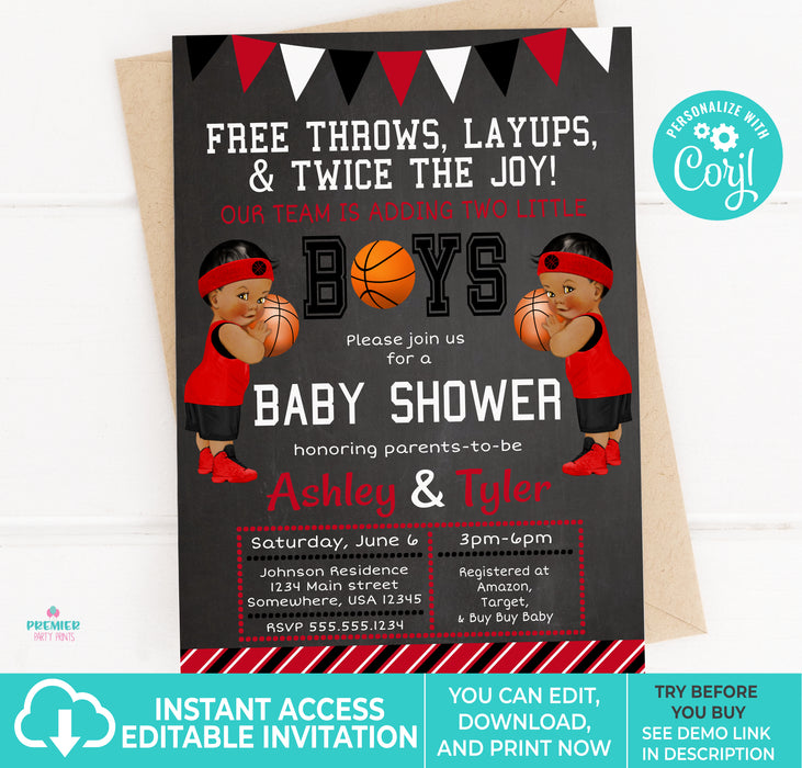 Editable Instant Access/Download Red, Black, & White Basketball Twin Baby Shower Invitation-BS184