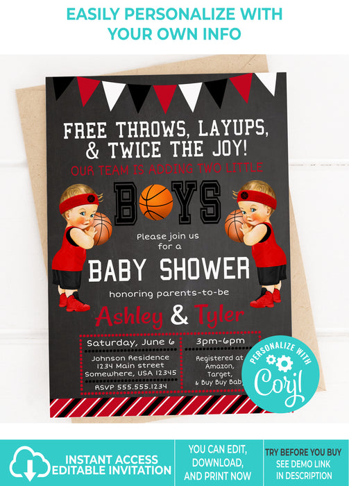 Editable Instant Access/Download Red, Black, & White Basketball Twin Baby Shower Invitation-BS185