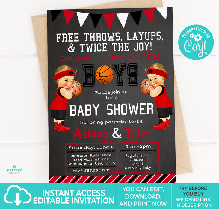 Editable Instant Access/Download Red, Black, & White Basketball Twin Baby Shower Invitation-BS185