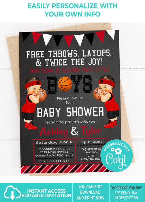 Editable Instant Access/Download Red, Black, & White Basketball Twin Baby Shower Invitation-BS186