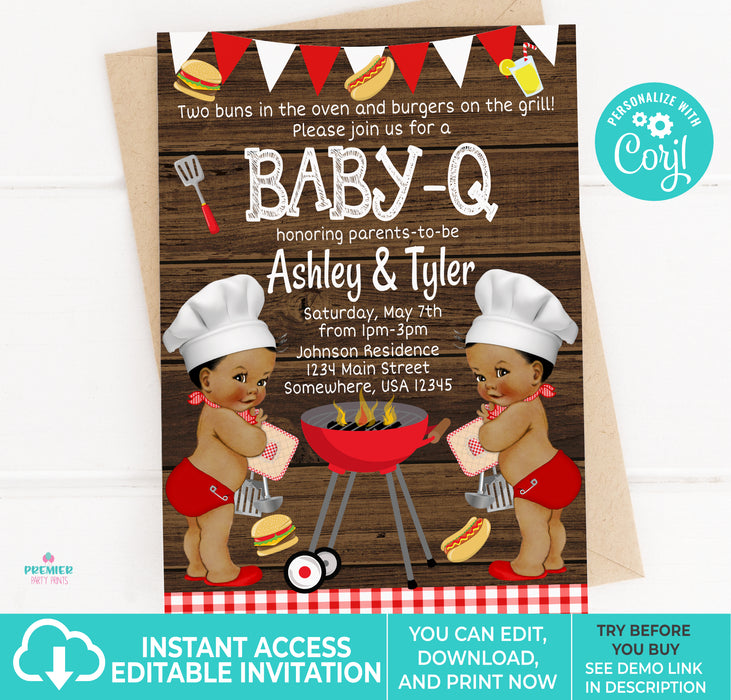 Editable Instant Access/Download BabyQ/BBQ Twin Boy Baby Shower Invitation-BS188
