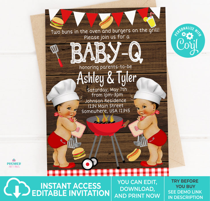 Editable Instant Access/Download BabyQ/BBQ Twin Boy Baby Shower Invitation-BS191