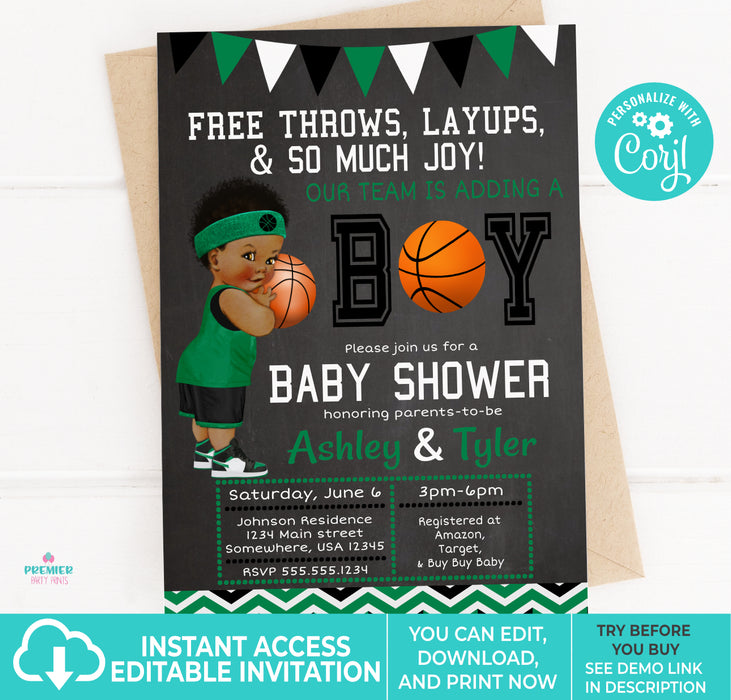 DIY Printable Green, Black, & White Basketball Baby Shower Invitation