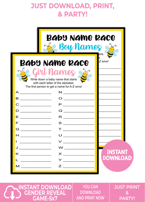 Instant Download Baby Bee Baby Name Race Gender Reveal Game-GR001