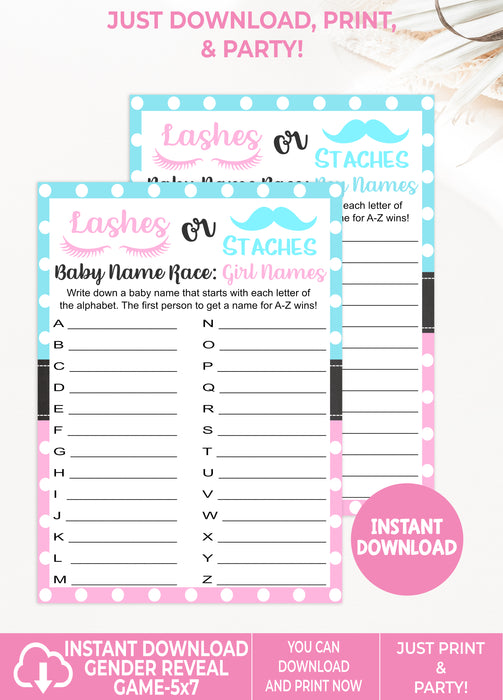 Instant Download Lashes or Staches Baby Name Race Gender Reveal Game-GR010