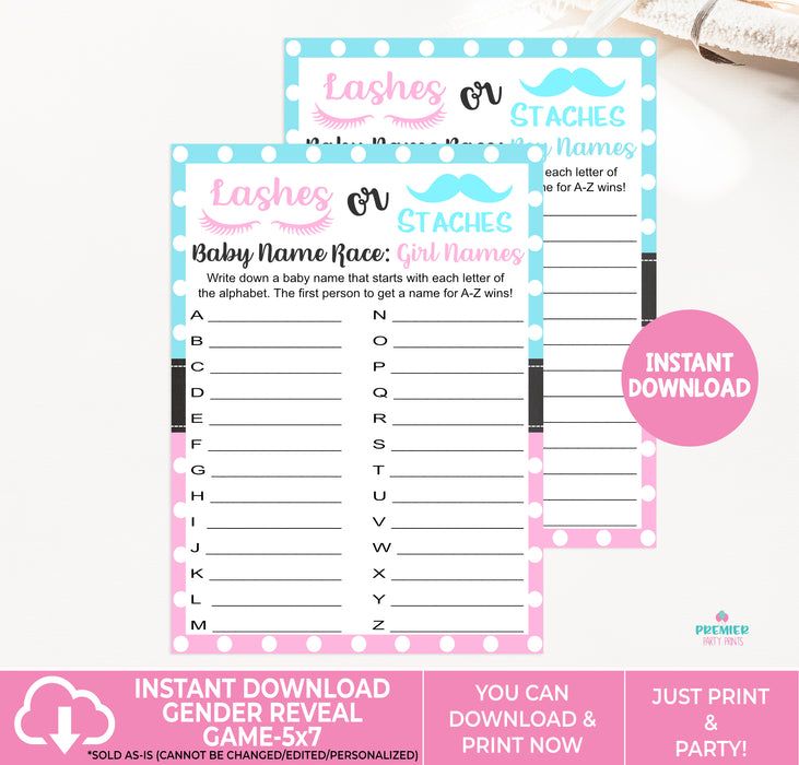 Instant Download Lashes or Staches Baby Name Race Gender Reveal Game-GR010