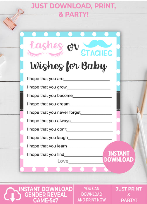 Instant Download Lashes or Staches Gender Reveal Wishes for Baby-GR010