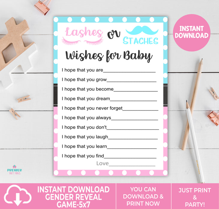 Instant Download Lashes or Staches Gender Reveal Wishes for Baby-GR010