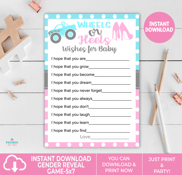 Instant Download Wheels or Heels Wishes for Baby Gender Reveal Game-GR011