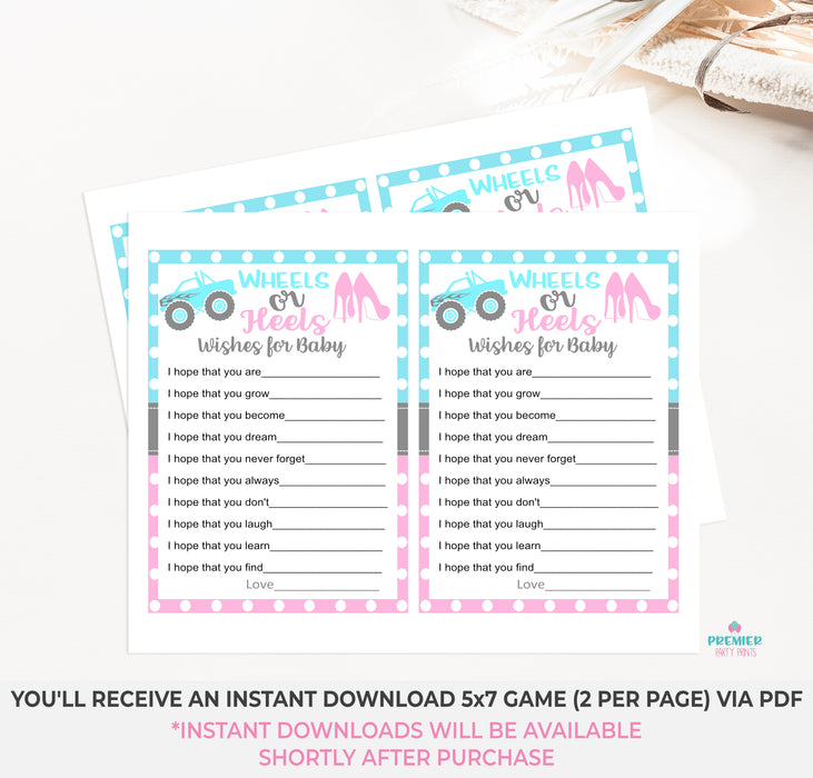 Instant Download Wheels or Heels Wishes for Baby Gender Reveal Game-GR011
