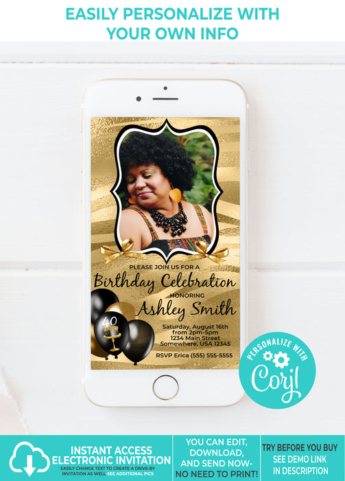  Black & Gold (Colors Cannot Be Changed) Electronic Birthday Invitation/Evite