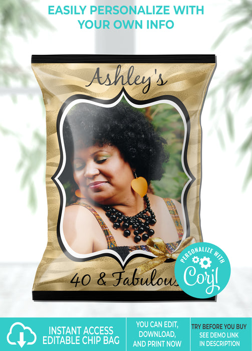 Editable Instant Access/Download Black & Gold Birthday Chip Bag w/Pic