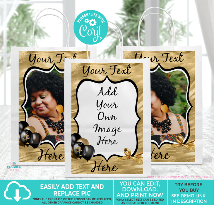Editable Instant Access/Download Black & Gold (Colors Cannot Be Changed) 5x8 Birthday Gift Bag Label-BP024