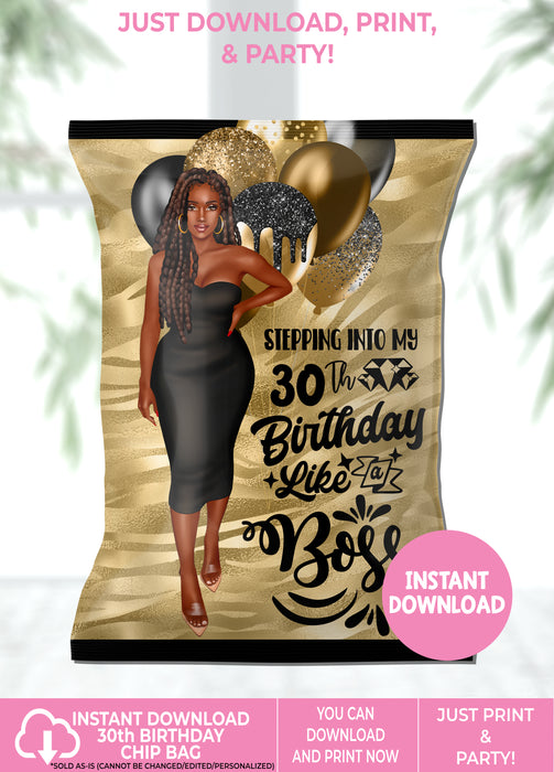Instant Download Black & Gold 30th Birthday Chip Bag-BP033