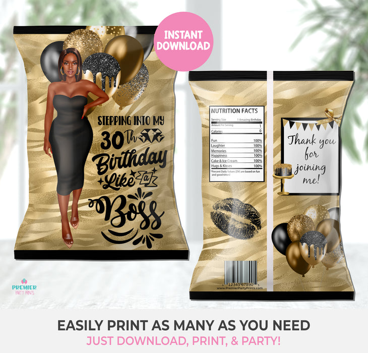 Instant Download Black & Gold 30th Birthday Chip Bag-BP034