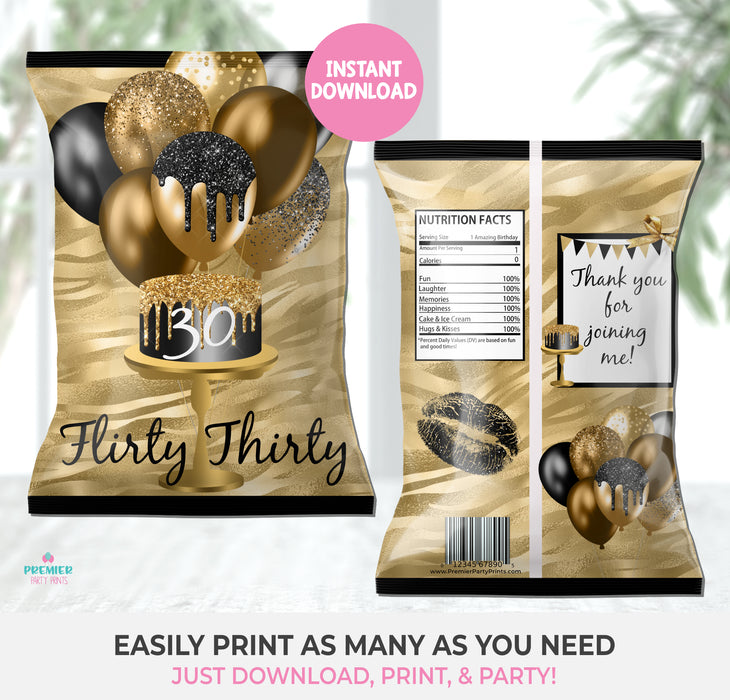 Instant Download Black & Gold 30th Birthday Flirty Thirty Chip Bag-BP037