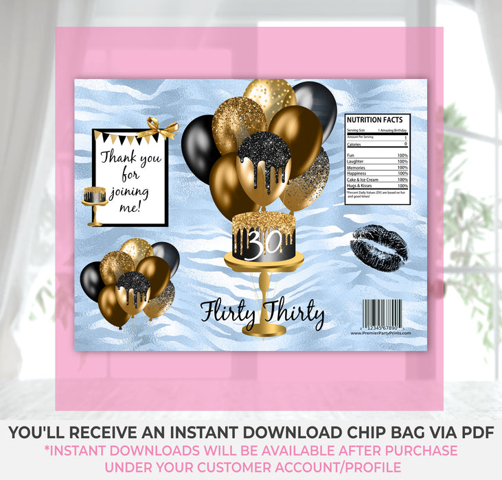 Instant Download Light Blue, Black, & Gold 30th Birthday Flirty Thirty Chip Bag-BP038