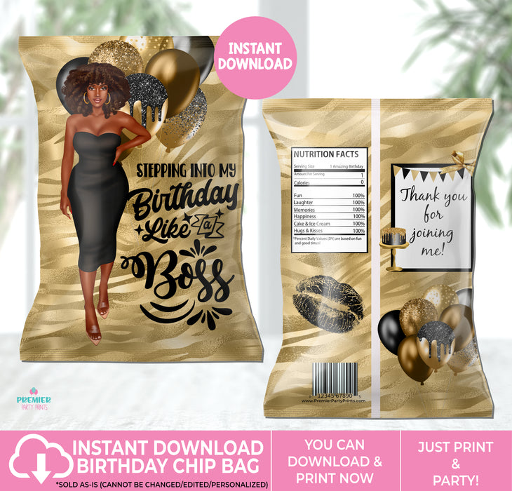 Instant Download Black & Gold Birthday Chip Bag-BP043