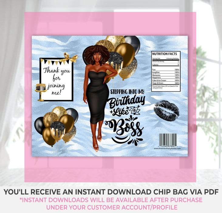 Instant Download Light Blue, Black, & Gold Birthday Chip Bag-BP044