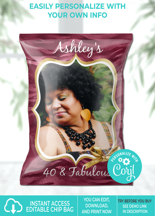Editable Instant Access/Download Burgundy/Maroon & Gold (Colors Cannot Be Changed) Birthday Chip Bag-BP051