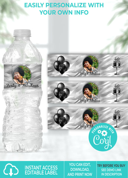 Black & Silver (Colors Cannot Be Changed) Birthday Water Bottle Label