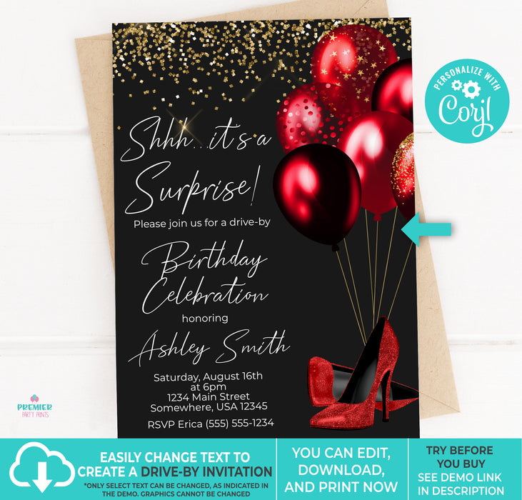 Red, Black, & Gold  Surprise Party Birthday Invitation Vers 3