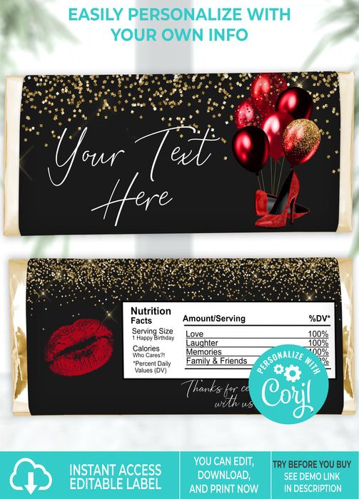  Red, Black, & Gold Birthday Candy Bar Wrapper
