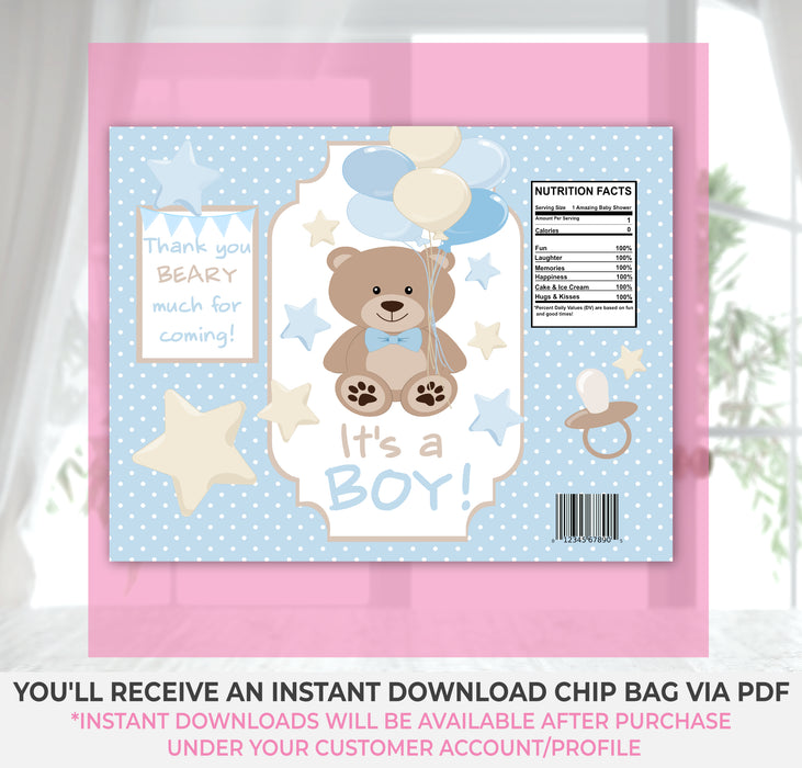 Boy Teddy Bear Printable Baby Shower Chip Bag Instructions