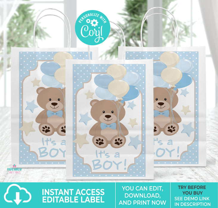 Blue Teddy Bear Printable Baby Shower Gift Bag Label