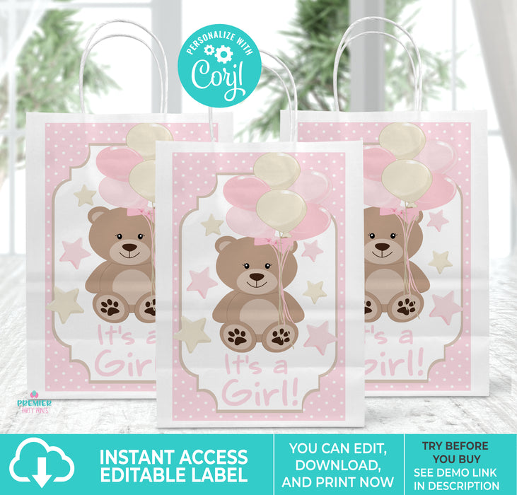 Pink Teddy Bear Printable Baby Shower Gift Bag Label
