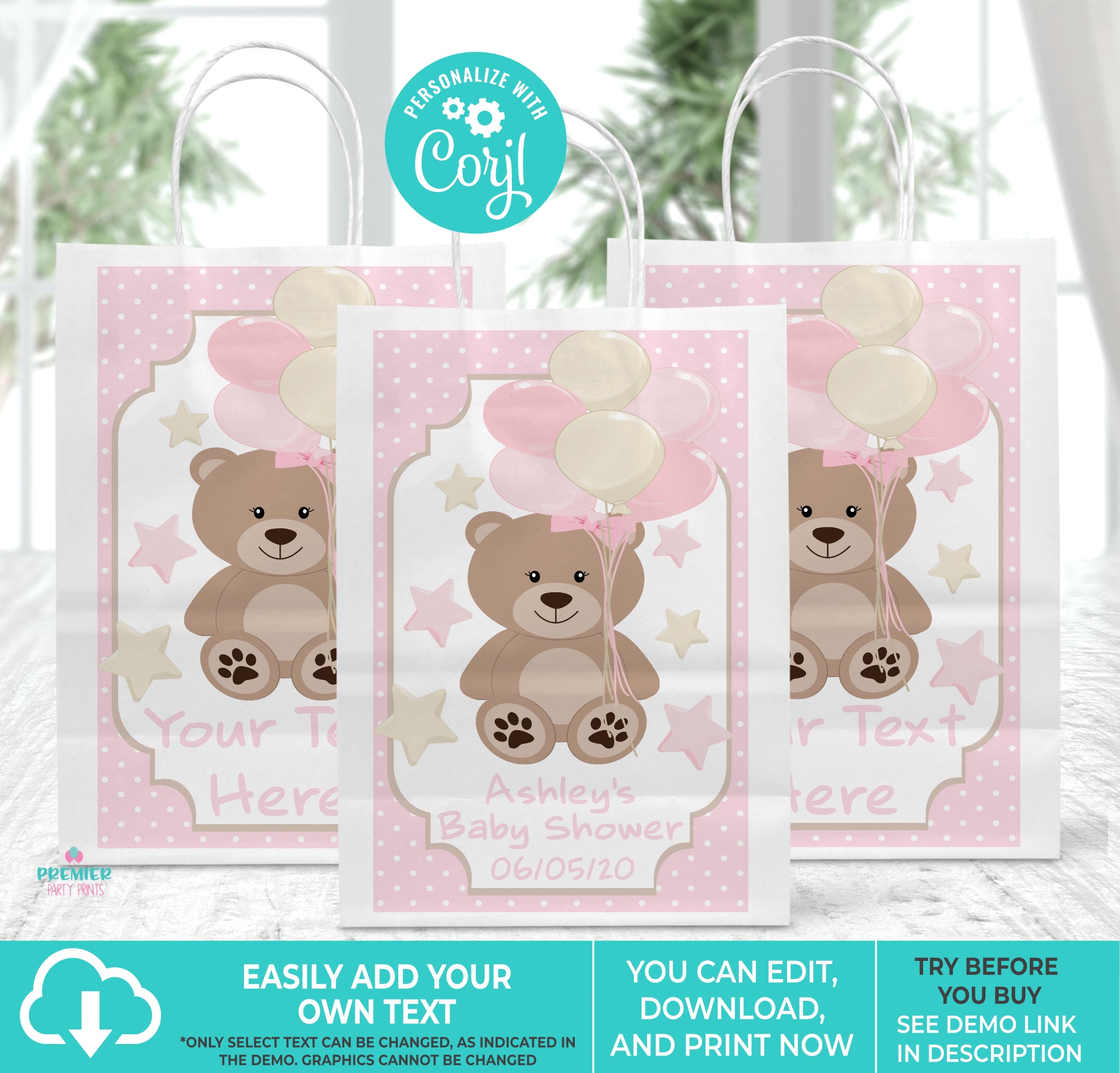 Girl Teddy Bear Baby Shower 5x8 Gift Bag Label