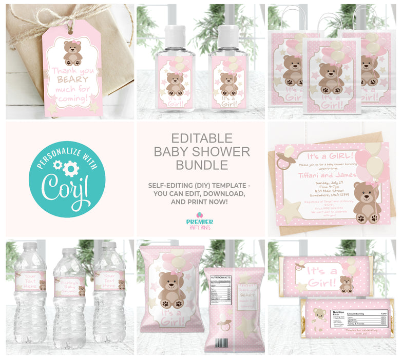 Editable Instant Access/Download Pink Teddy Bear Baby Shower Bundle-BS036