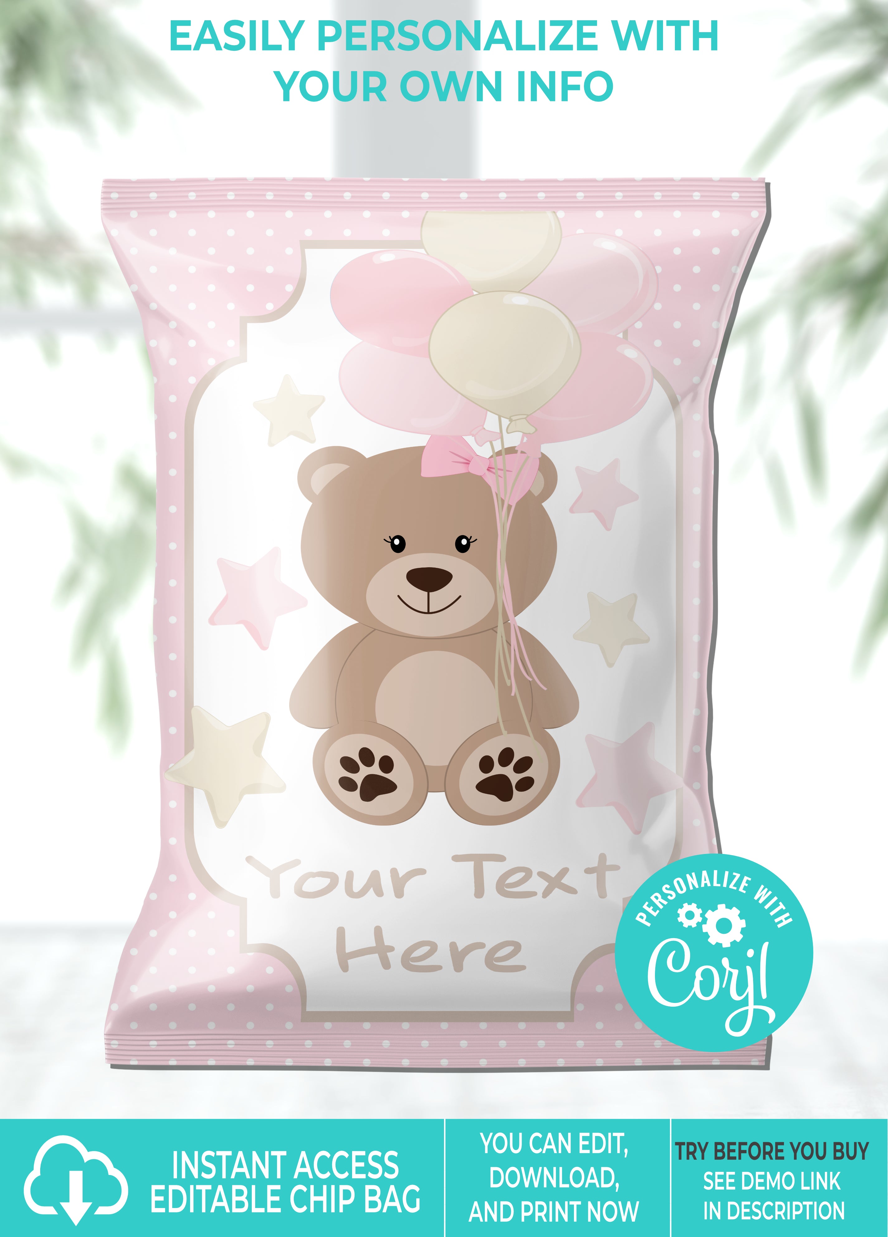 Girl Teddy Bear Baby Shower Chip Bag