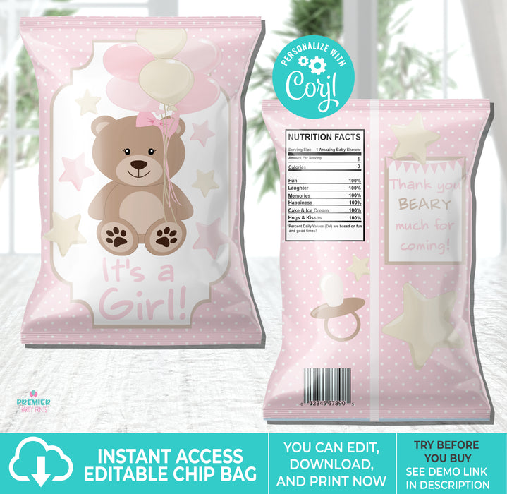 Pink Teddy Bear Printable Baby Shower Chip Bag