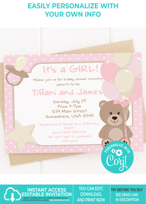  Pink Teddy Bear Baby Shower Invitation