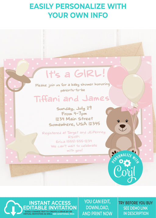 Pink Teddy Bear Baby Shower Invitation