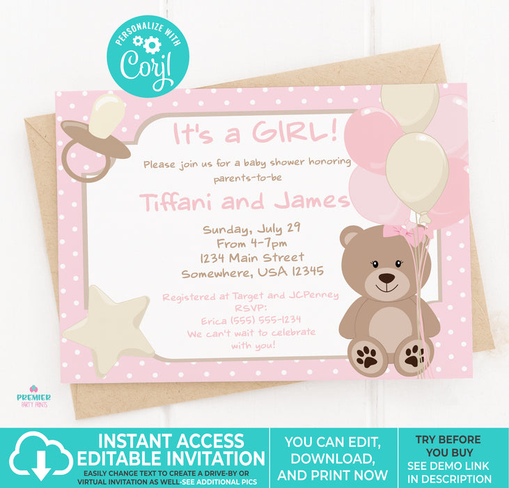 Pink Teddy Bear Printable Baby Shower Invitation