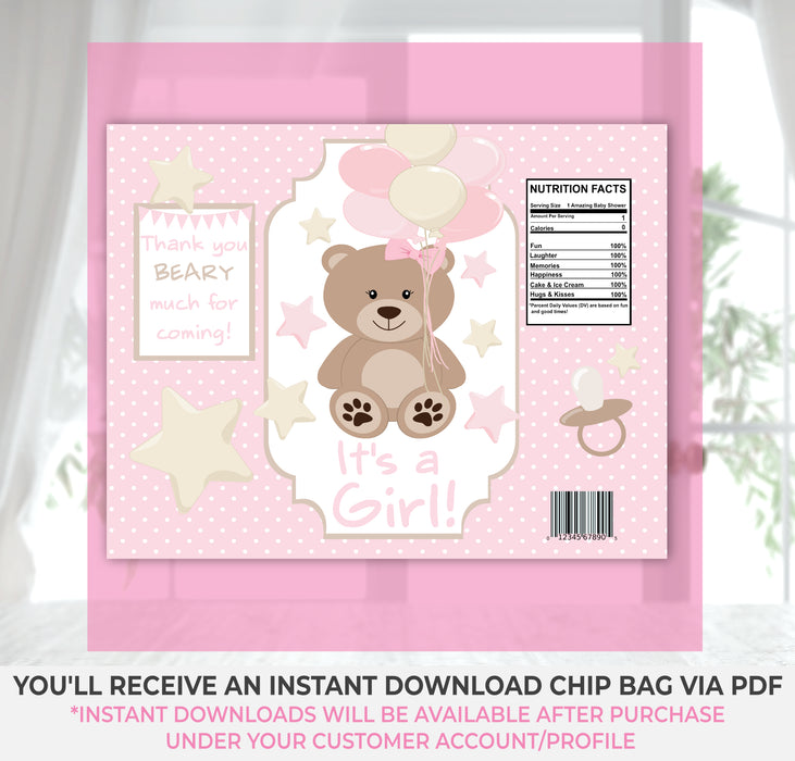 Pink Teddy Bear Baby Shower Chip Bag Instructions