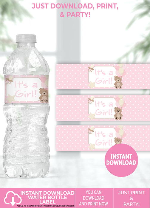 Girl Teddy Bear Baby Shower Printable Water Bottle Label