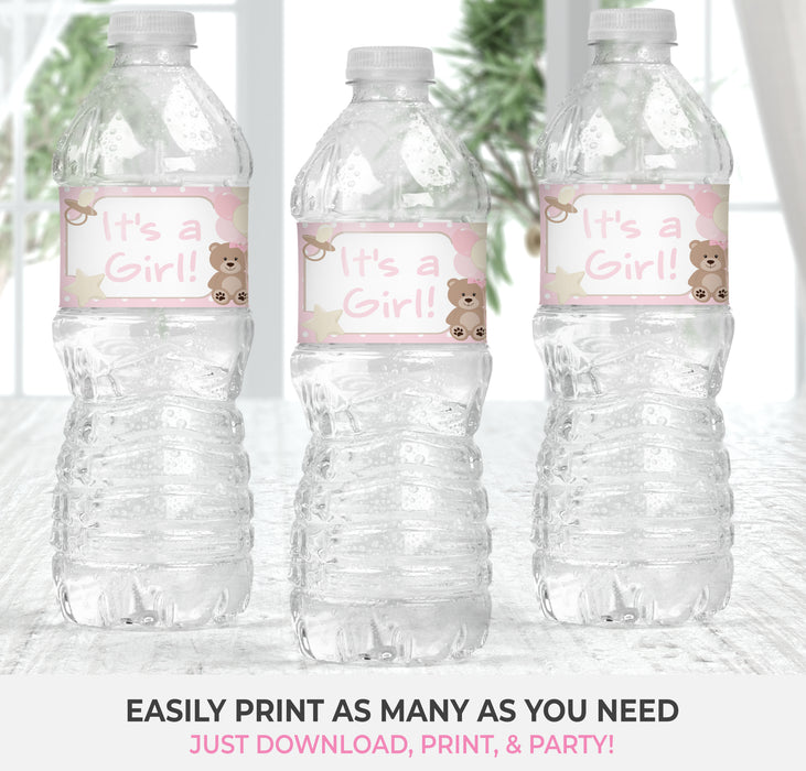 Girl Teddy Bear Baby Shower Printable Water Bottle Label