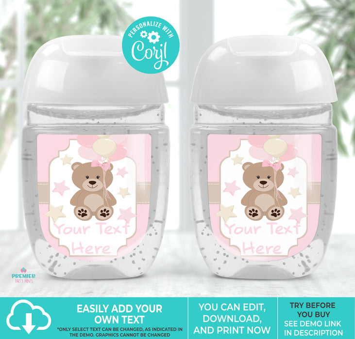 Girl Teddy Bear Baby Shower Hand Sanitizer Label 