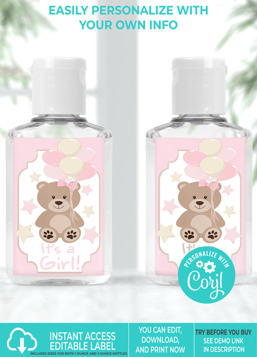 Girl Teddy Bear Baby Shower Mini Hand Sanitizer Label