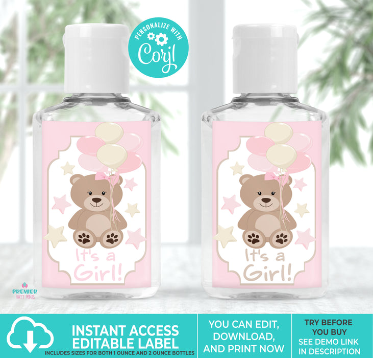Pink Teddy Bear Printable Baby Shower Hand Sanitizer Label