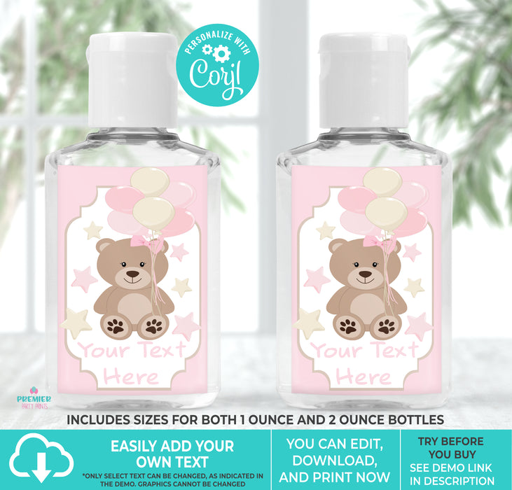 Girl Teddy Bear Baby Shower Mini Hand Sanitizer Label